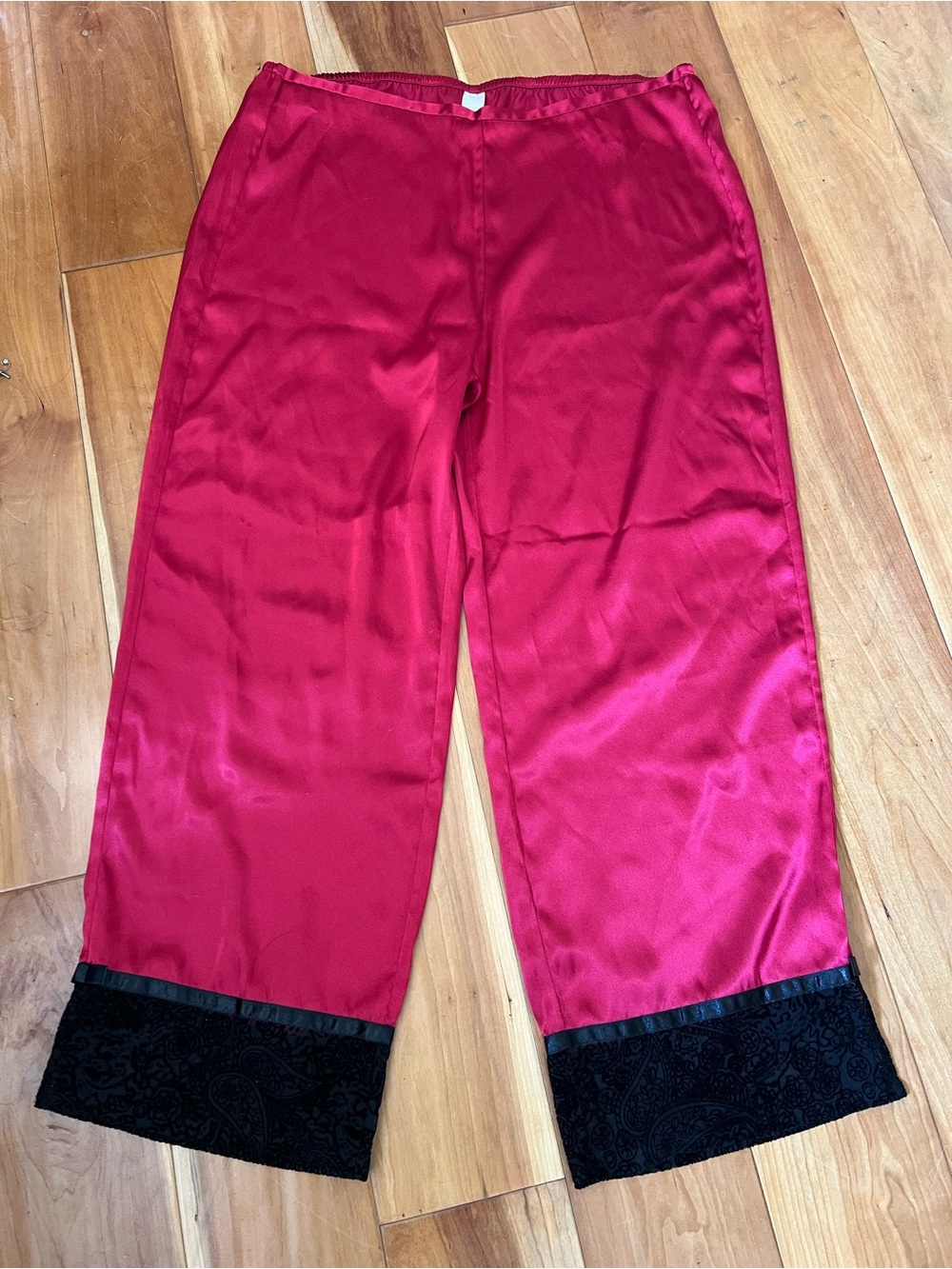 Victoria's Secret Red Satin Wide-Leg Pajama Pants with Black Lace Trim